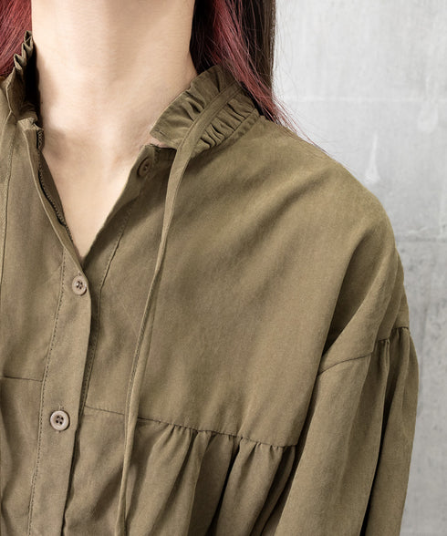 フリル衿ブラウス 長袖タックシャツ韓国風 大人可愛い ボリューム袖シャツ レディースおしゃれ キレイめトップス リボンブラウス ゆったり 体型カバー春秋服 着やせ 1SUYUZI-007